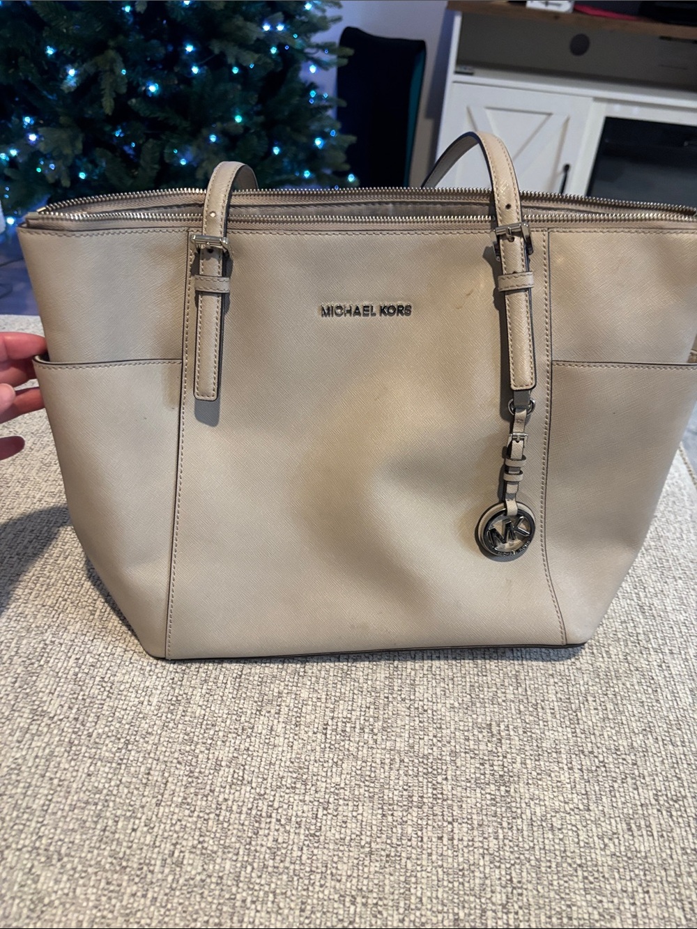 MICHAEL KORS Beige Saffiano Leather Tote with MK Charm